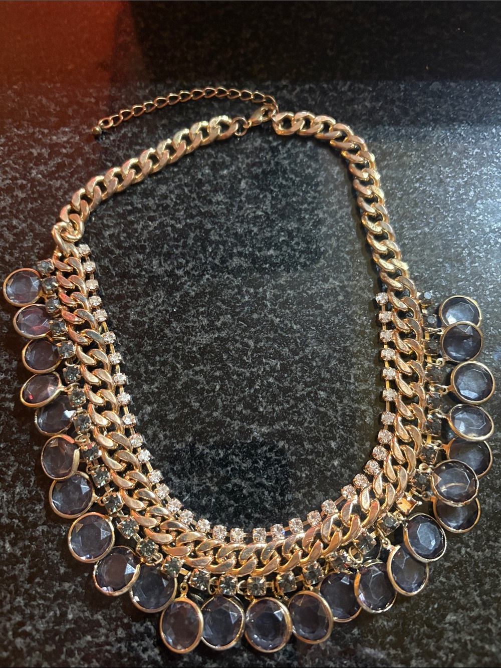 Gold tone Chain Necklace with Purple Gem Accents